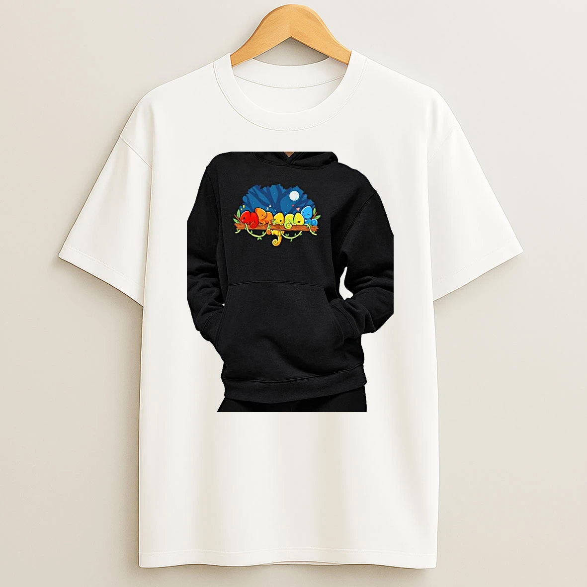 Officials Colorful Chameleons Sitting On A Tree Branch Night Sky Kids Nature Wildlife Premium T Shirt Sweatshirt Hoodie