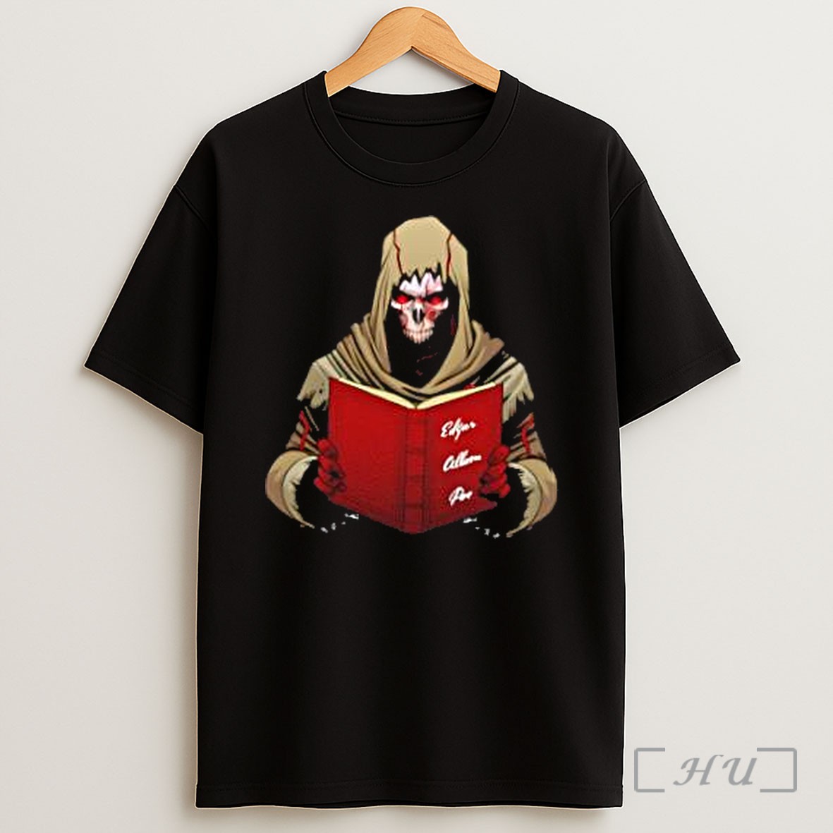 Officials Hooded Grim Reaper Skeleton With Red Eyes Reading Edgar Allan Poe Book Shirt