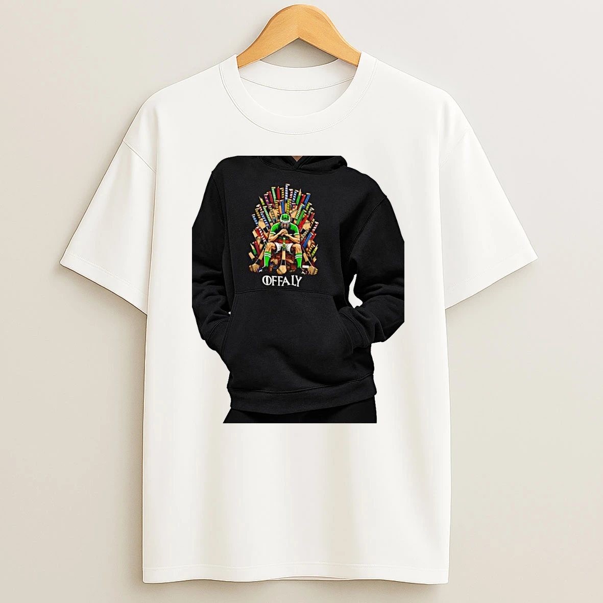 Officials Offaly Hurler On Throne Of Hurleys Premium T Shirt Sweatshirt Hoodie
