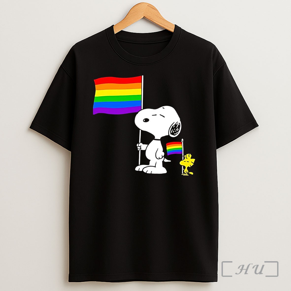 Officials Snoopy And Woodstock Holding Pride Flags Rainbow Black Shirt