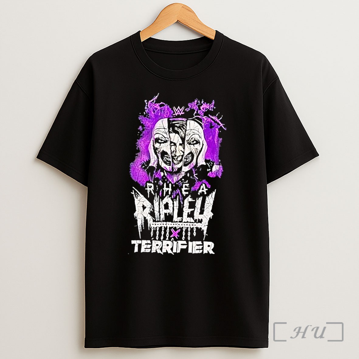 Officials Wwe Rhea Ripley Terrifier Split Mask Purple Logo Black Shirt