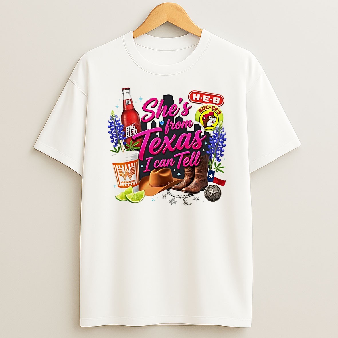 Original Big Red Soda Whataburger H E B Buc Ees Texas Bluebonnets Boots Shes From Texas I Can Tell Text T Shirt