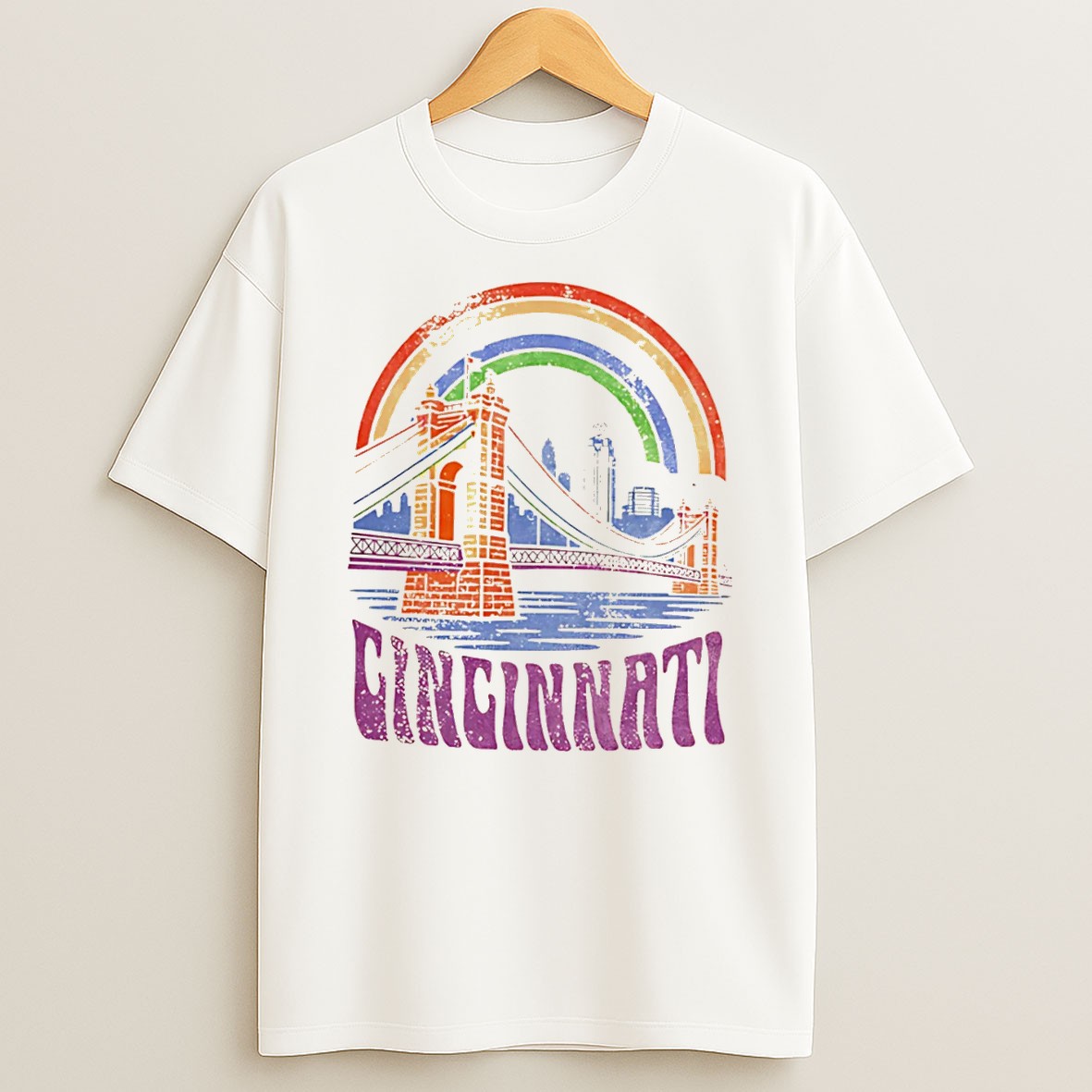 Original Cincinnati Rainbow Roebling Bridge Proud Of Our City Tee T Shirt