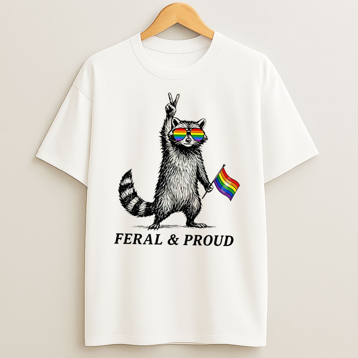 Original Feral And Proud Racoon With Pride Sunglasses And Rainbow Flag Tee T Shirt
