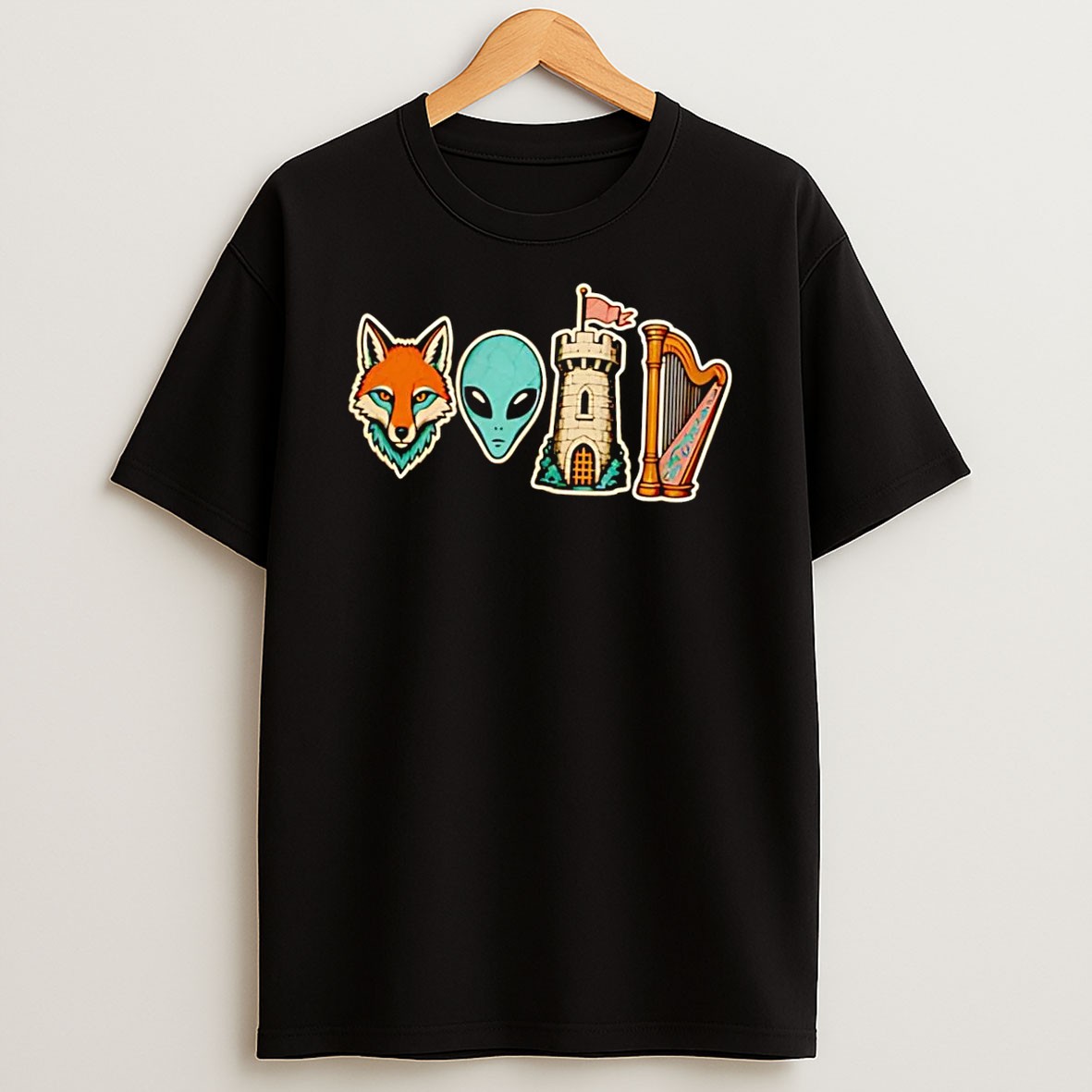Original Fox Alien Tower Harp Representing Void Black T Shirt
