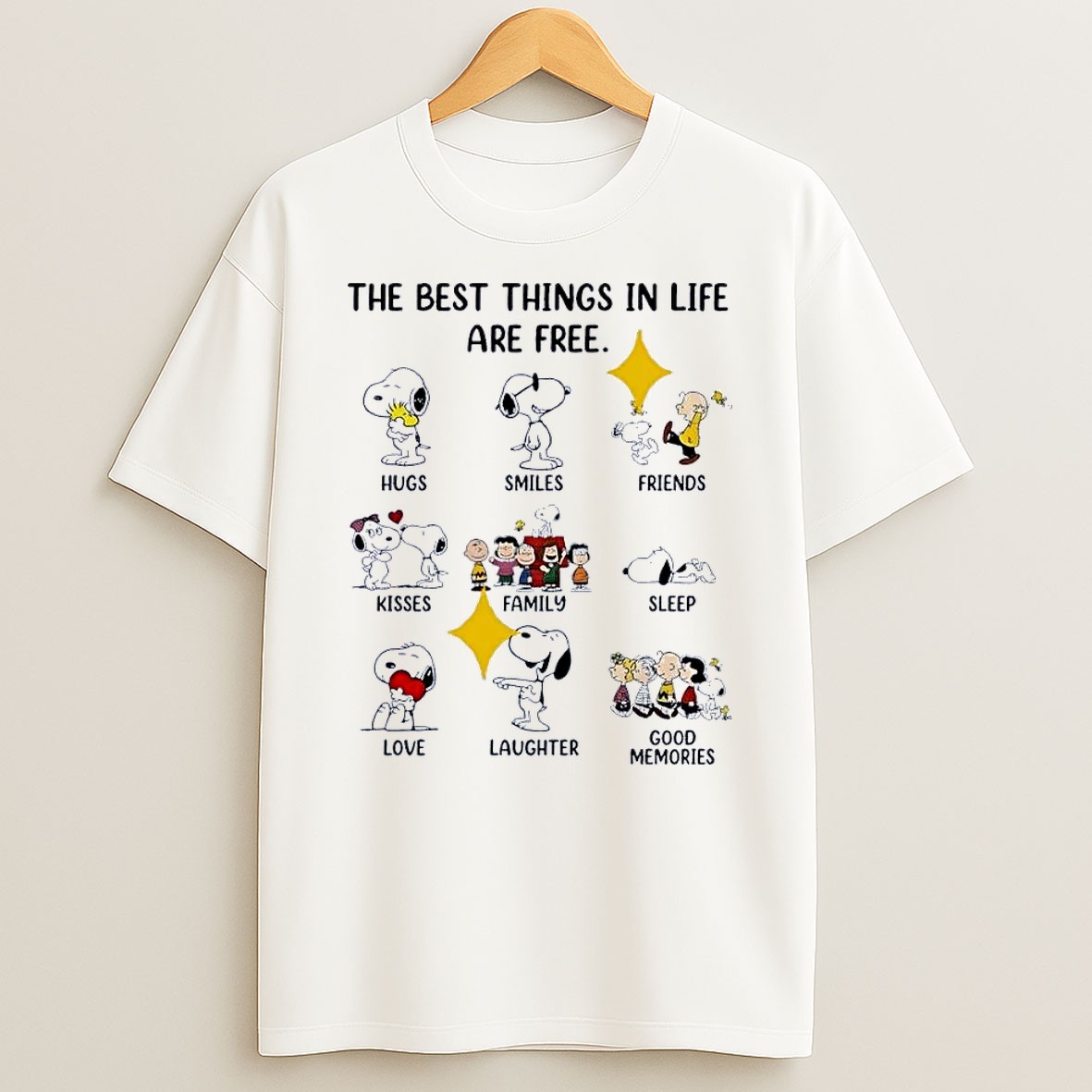 Original Peanuts Gang The Best Things In Life Are Free Hugs Smiles Friends Kisses Sleep Love Laughter Good Memories White T Shirt