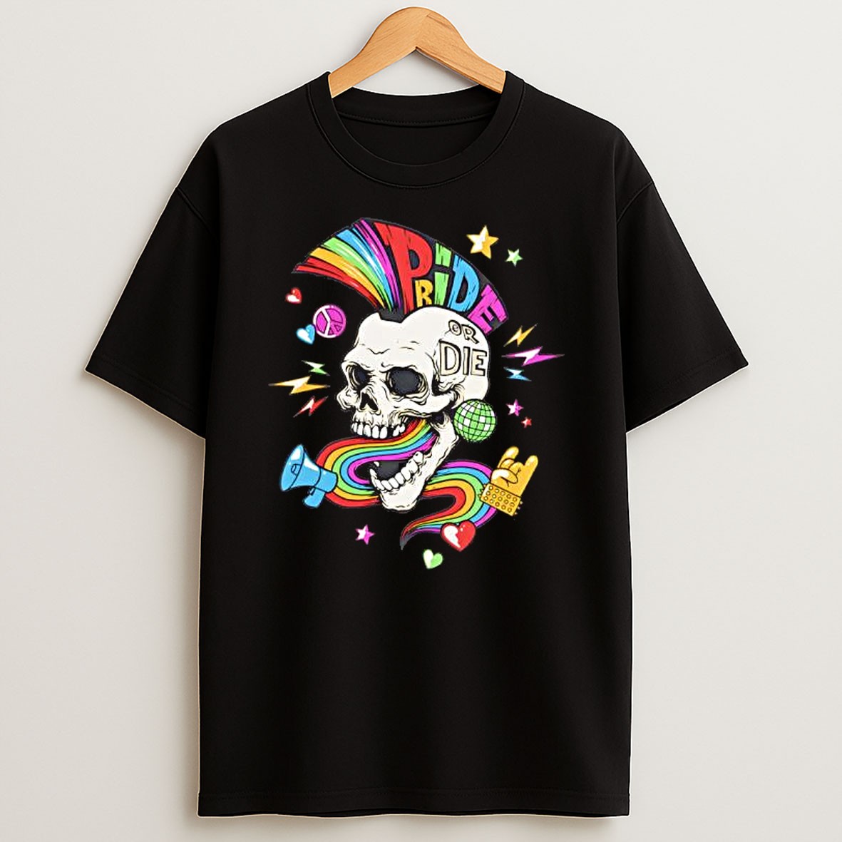 Original Pride Or Die Rainbow Skull Disco Party Graphic T Shirt