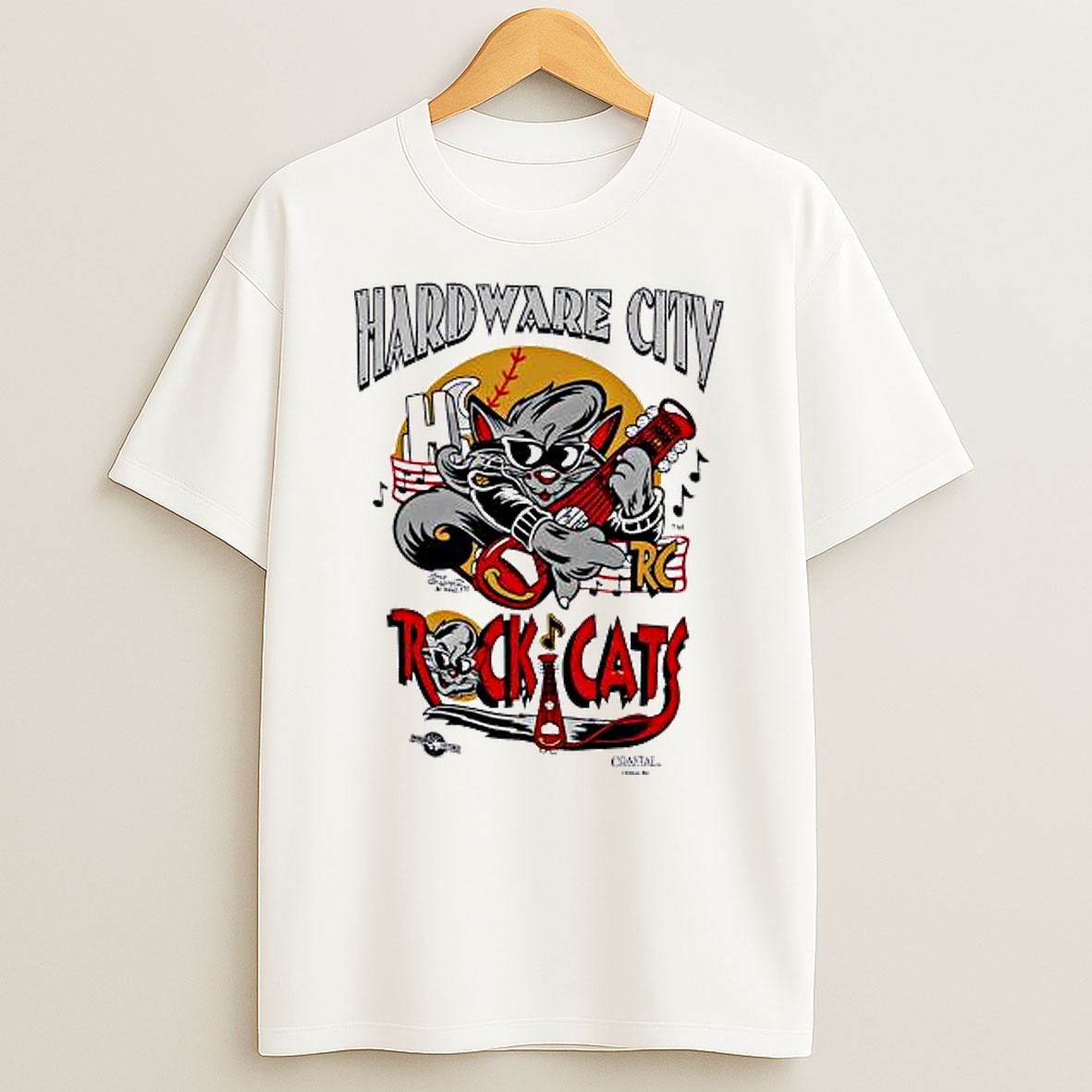 Original Rock Cat Hardware City Rock Cats Baseball Mascot Sunglasses Electric Guitar T Shirt