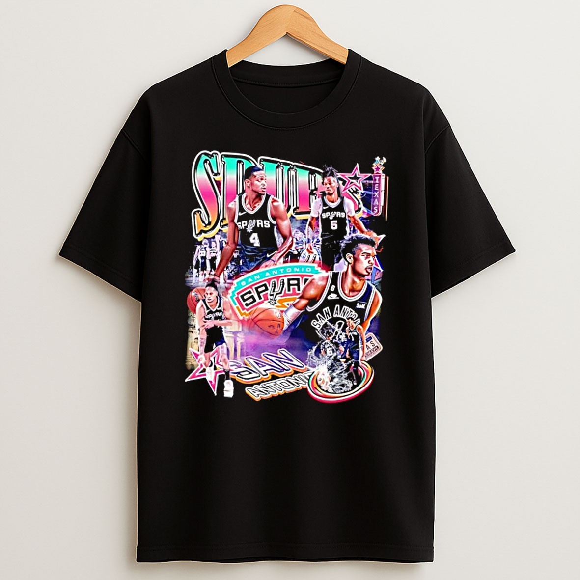 Original San Antonio Spurs Retro Player Collage Style Basketball Black T Shirt