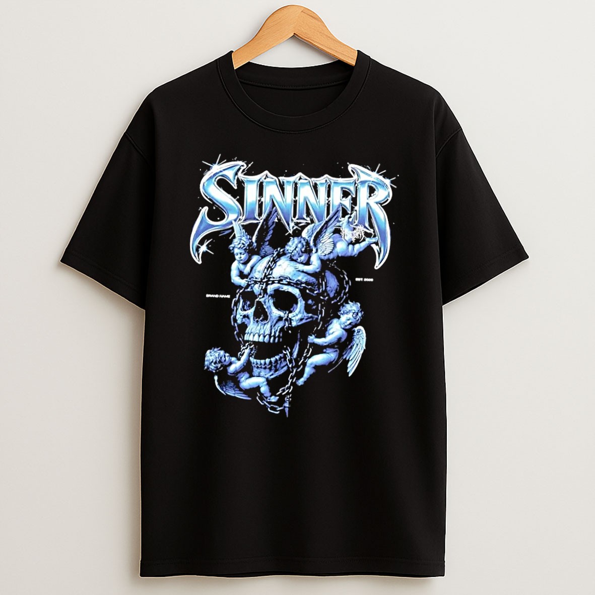 Original Sinner Chrome Lettering Skull And Angels Black T Shirt