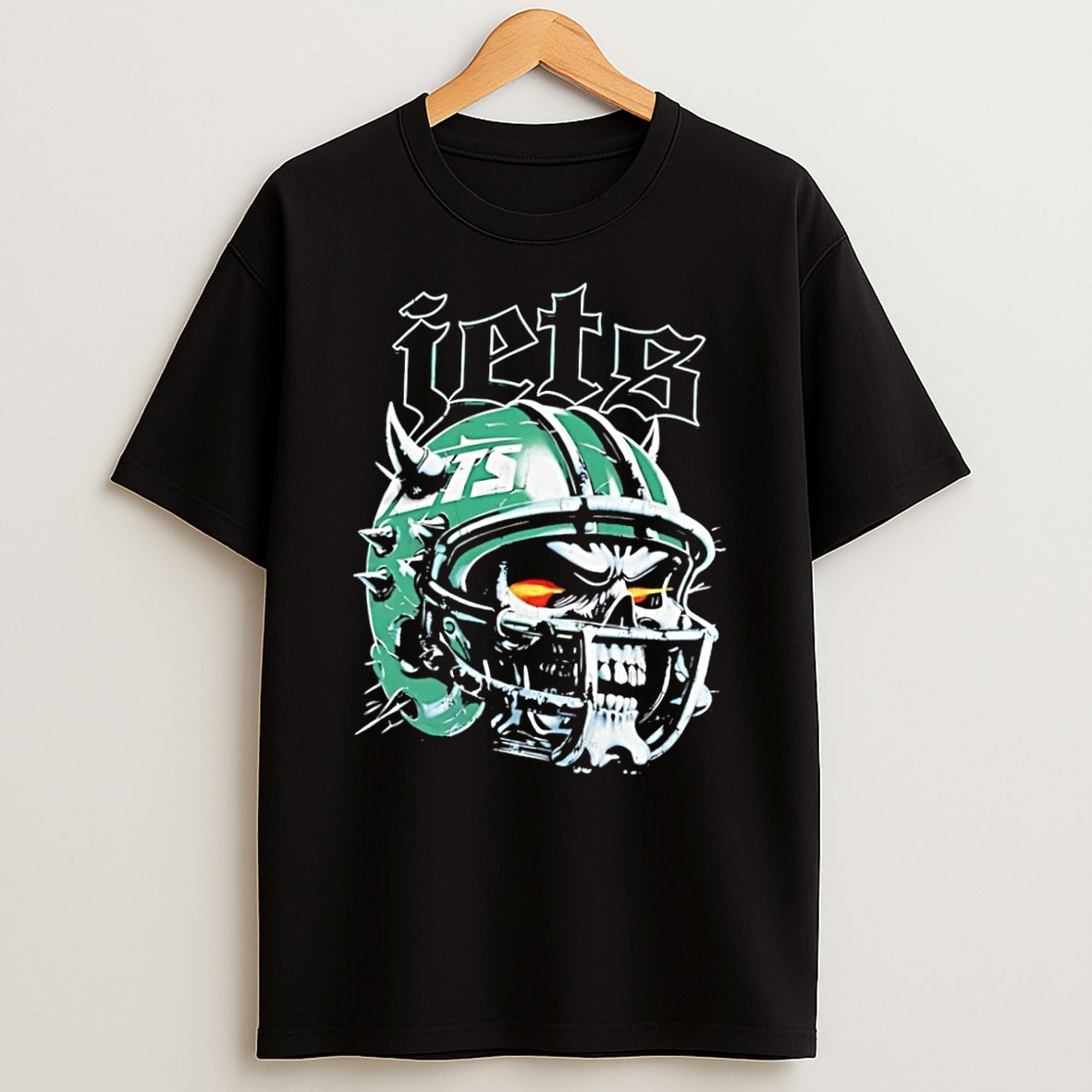 Original Skull Wearing Spiked Football Helmet Jets Black T Shirt