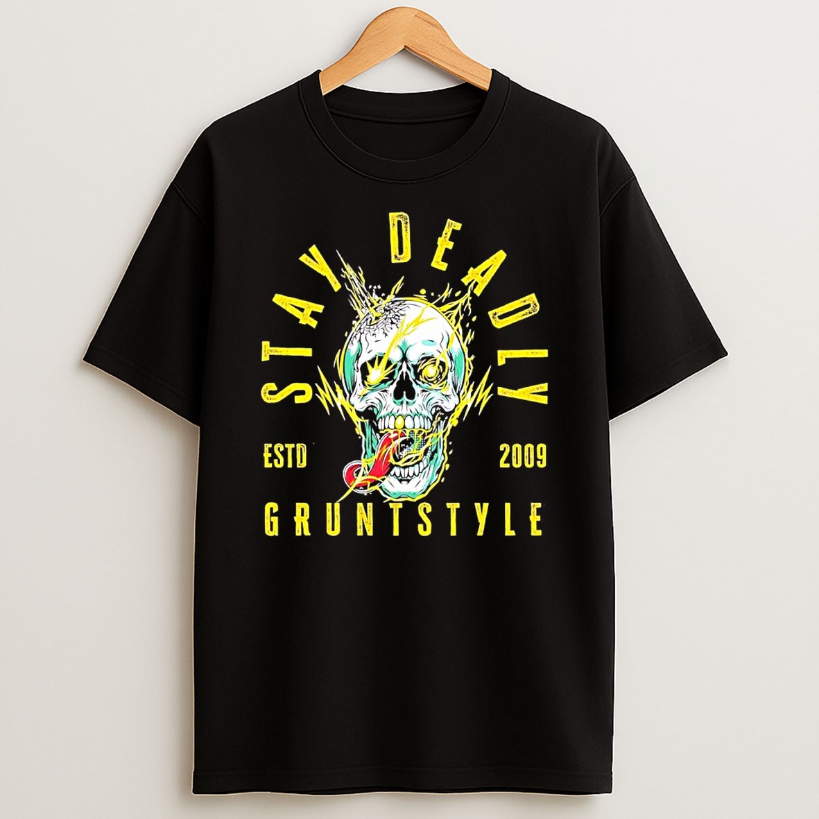 Original Stay Deadly Grunt Style Estd 2009 Skull Lightning T Shirt