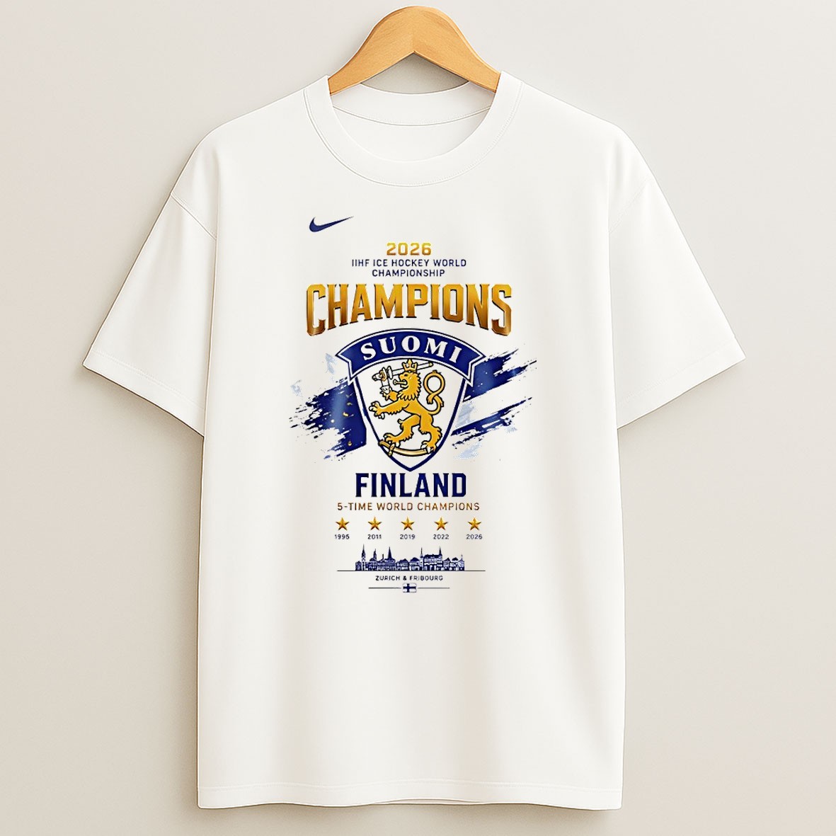 Original Suomi Finland Ice Hockey 5 Time Ice Hockey World Champions 2026 Nike Logo T Shirt