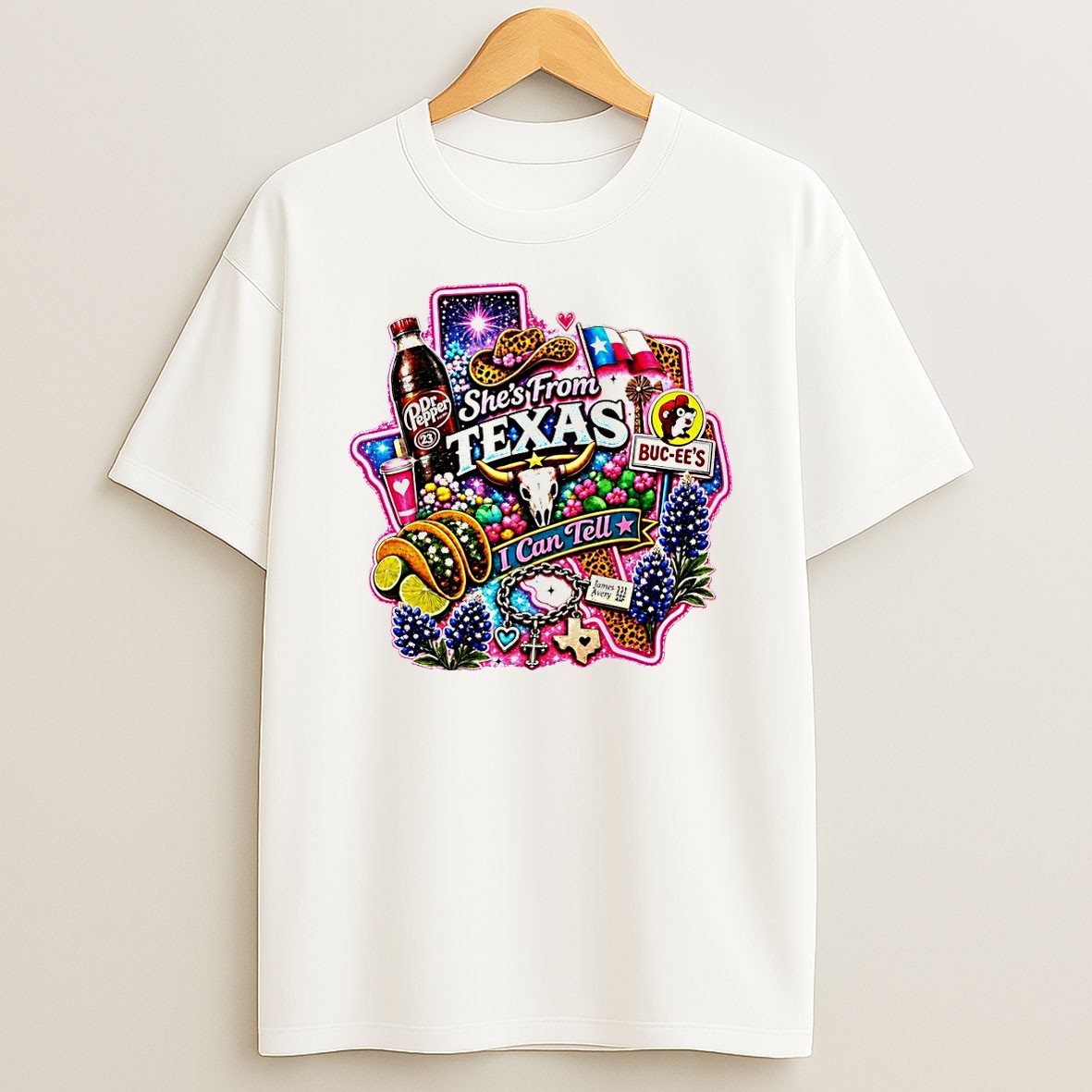 Original Texas Dr Pepper Buc Ees James Avery Charms Shes From Texas I Can Tell Text T Shirt