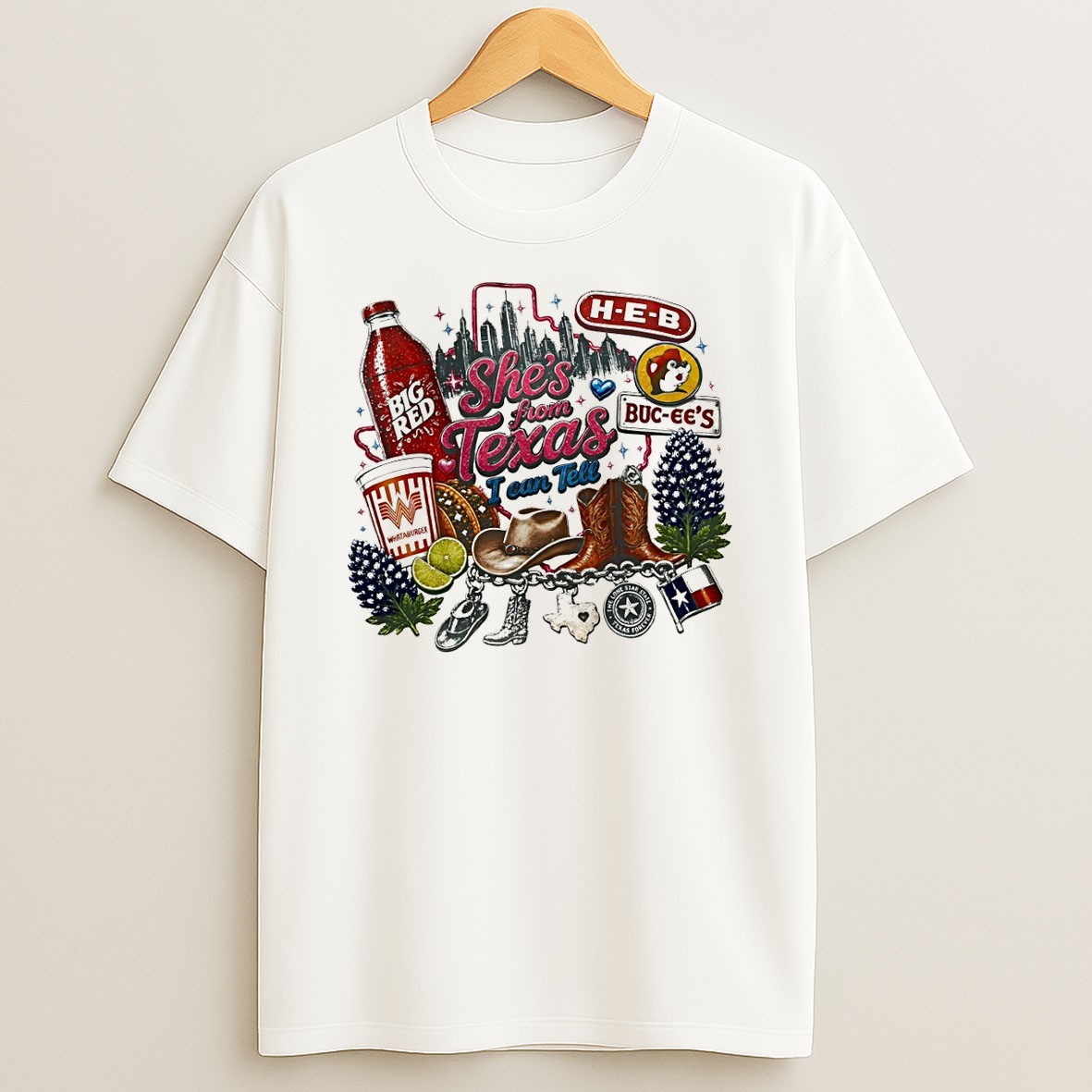 Original Texas H E B Buc Ees Whataburger Big Red Bluebonnet Shes From Texas I Can Tell Text T Shirt