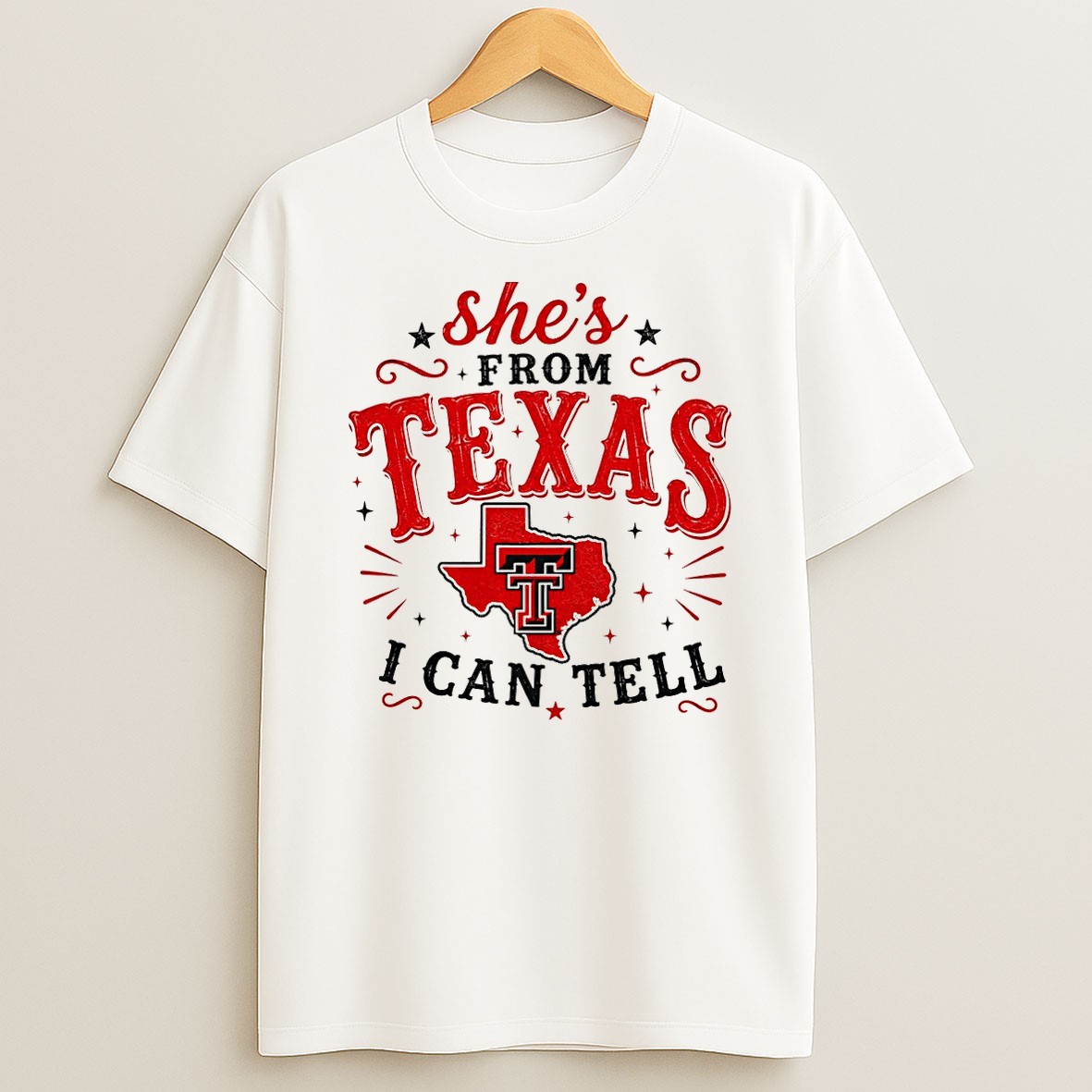 Original Texas Tech Red Raiders Fan Clothing Shes From Texas I Can Tell Text T Shirt