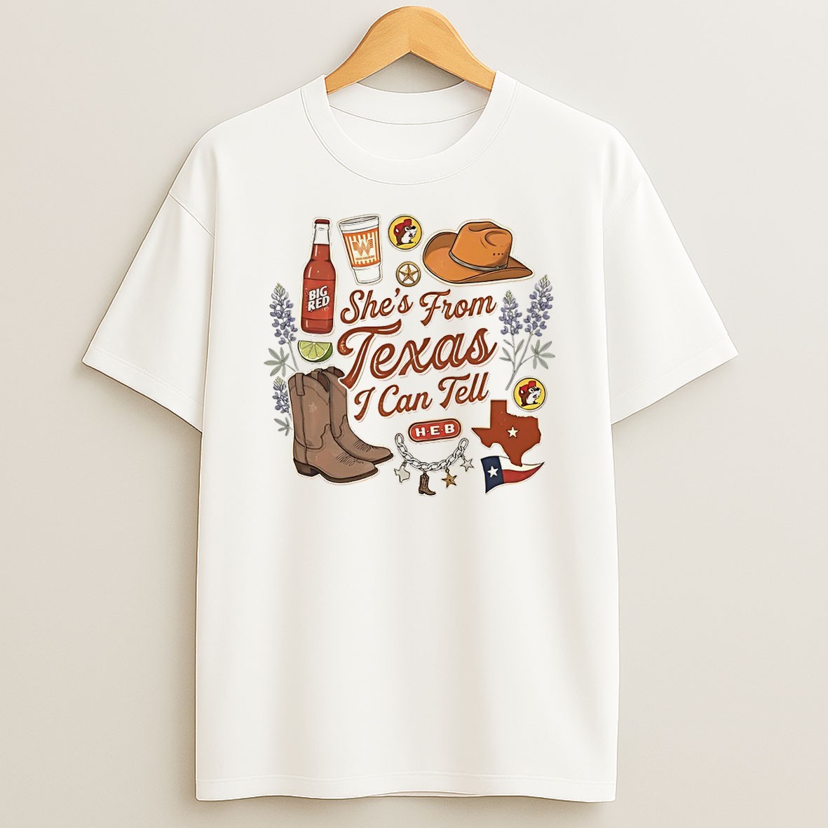 Original Texas Boots Bluebonnets Hat Food Icons Shes From Texas I Can Tell Text T Shirt