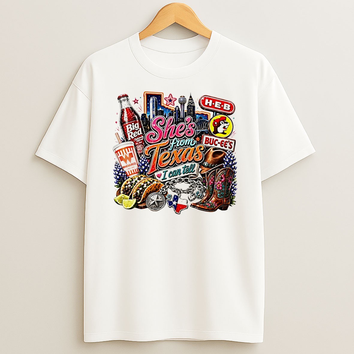 Original Texas Icons Whataburger Big Red Buc Ees Heb State Charm Boots Shes From Texas I Can Tell Text T Shirt