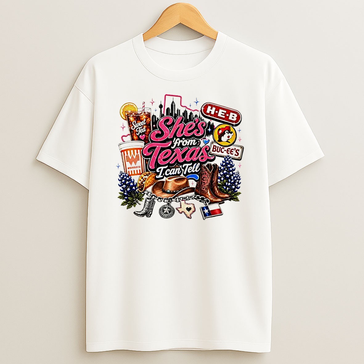 Original Texas State Icon H E B Buc Ees Whataburger Cowboy Boot Taco Shes From Texas I Can Tell Text T Shirt