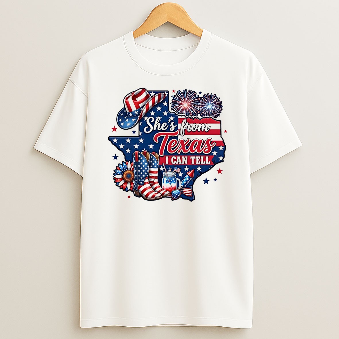 Original Texas State Patriotic Hat Cowboy Boots Fireworks Shes From Texas I Can Tell Text T Shirt