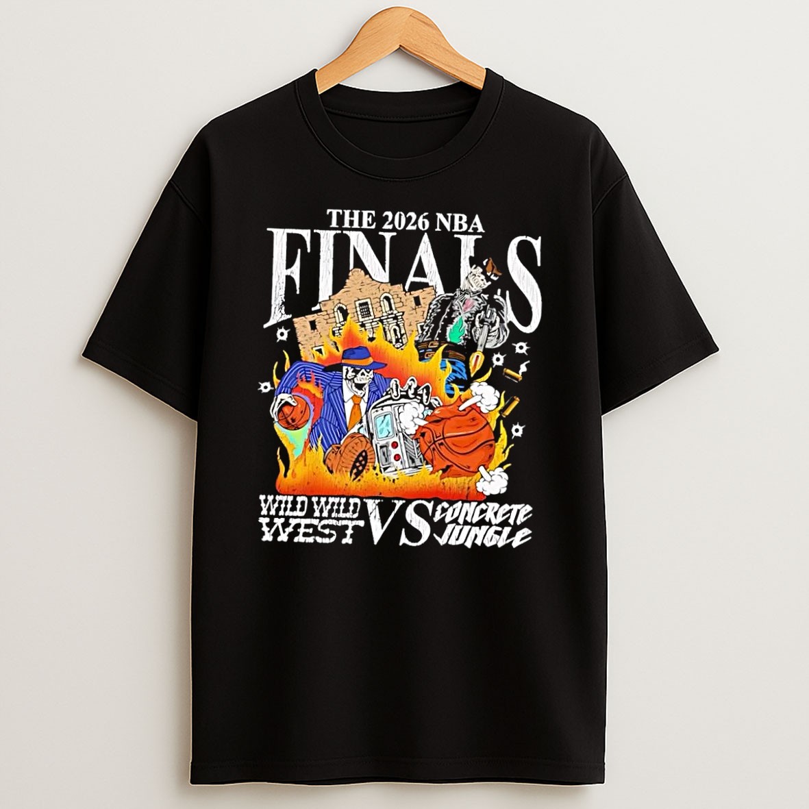 Original The 2026 Nba Finals Wild Wild West Vs Concrete Jungle Spurs Knicks Skeleton Black T Shirt