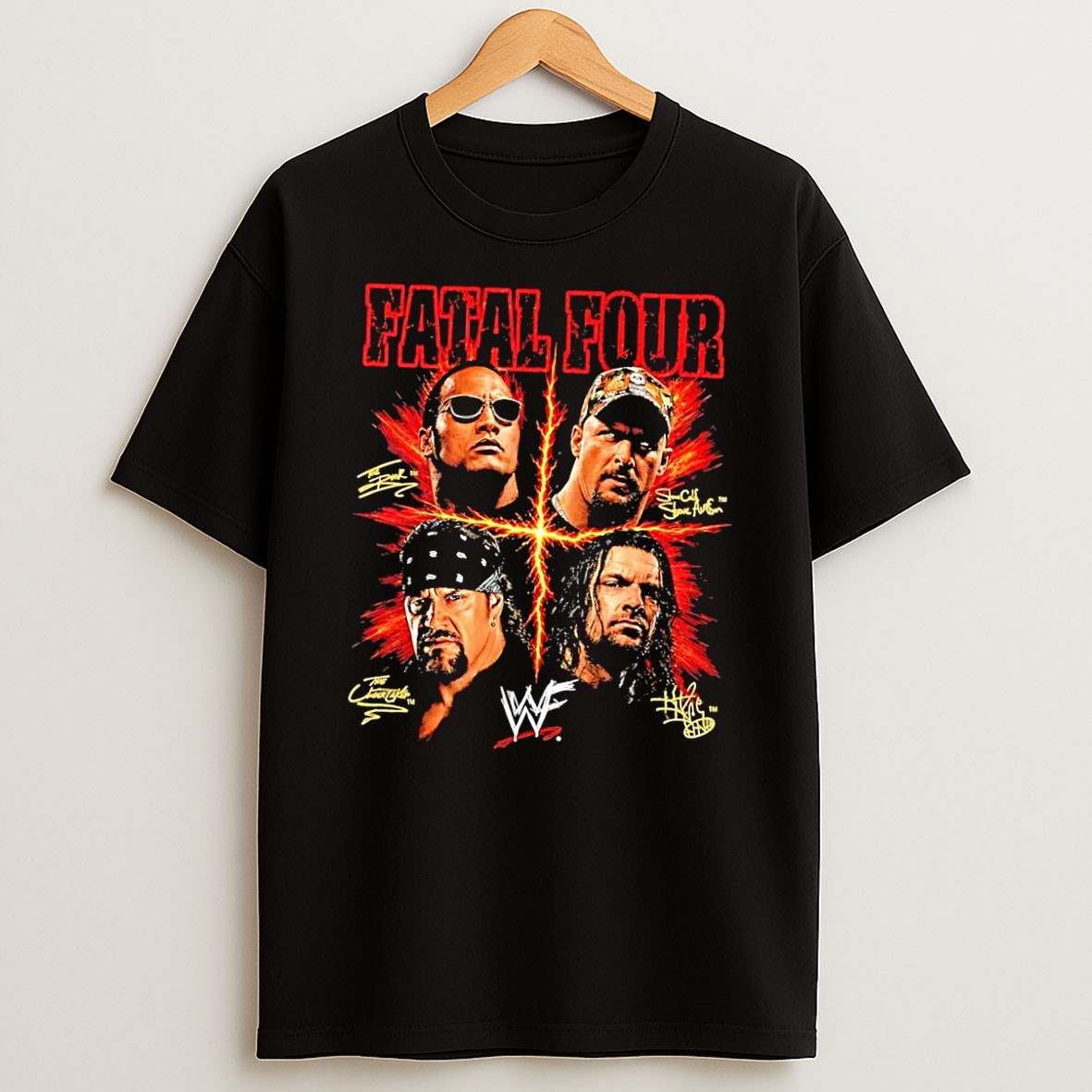 Original The Rock Stone Cold Steve Austin The Undertaker Triple H Fatal Four Wwf Black T Shirt