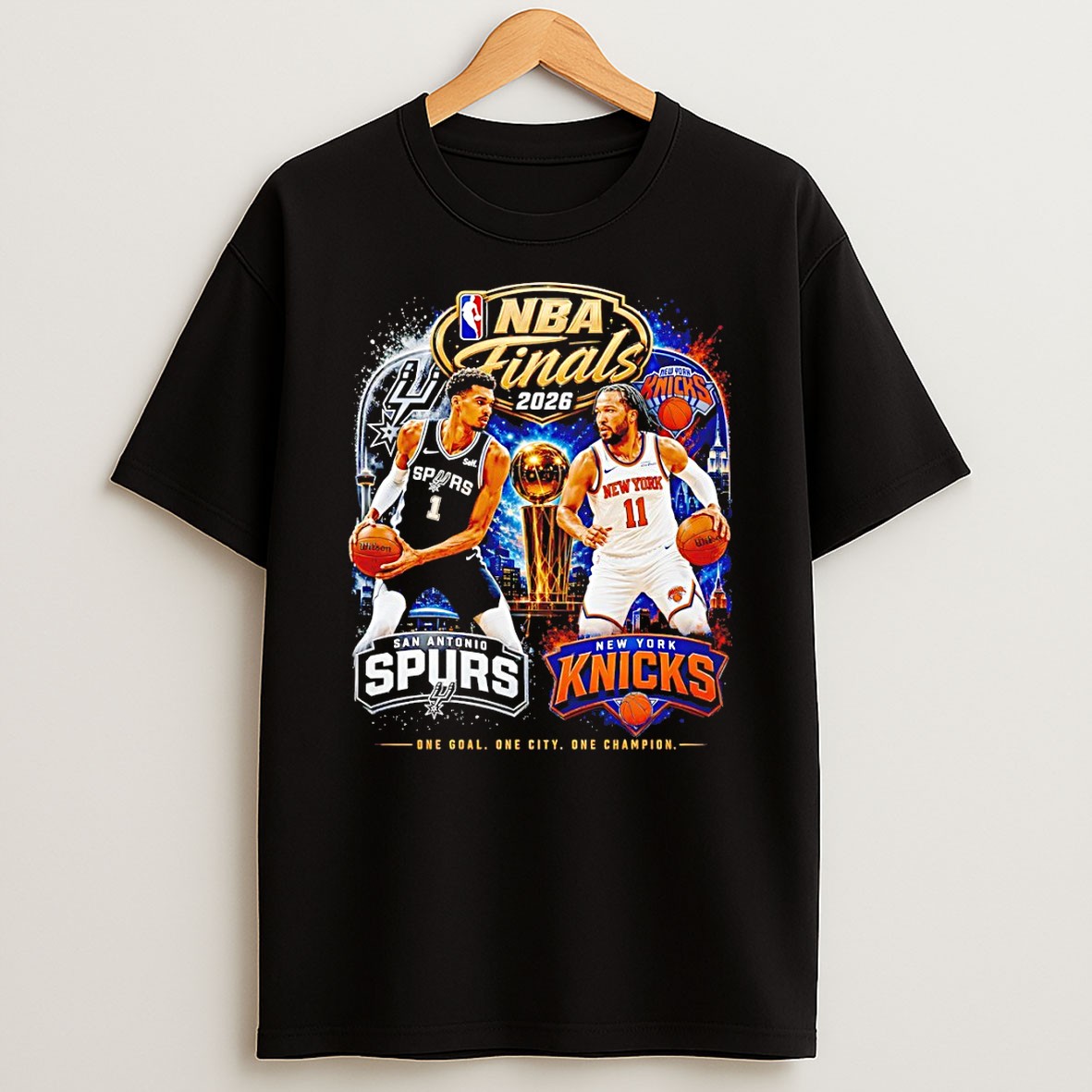 Original Victor Wembanyama San Antonio Spurs Vs Jalen Brunson New York Knicks Nba Finals 2026 One Goal One City One Champions T Shirt