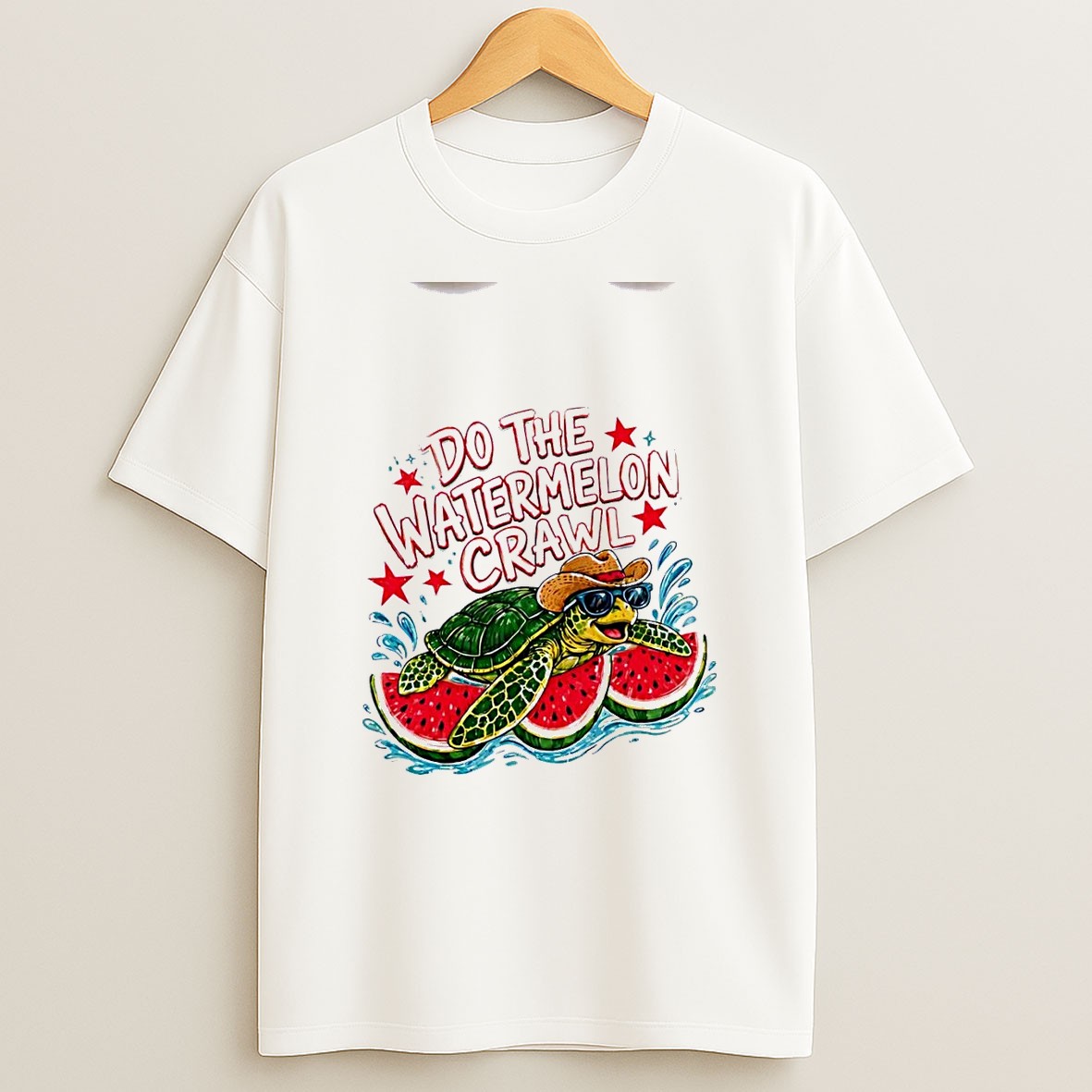 Original Watermelon Crawl Turtle Cowboy Sunglasses Yellow Summer Graphic White T Shirt