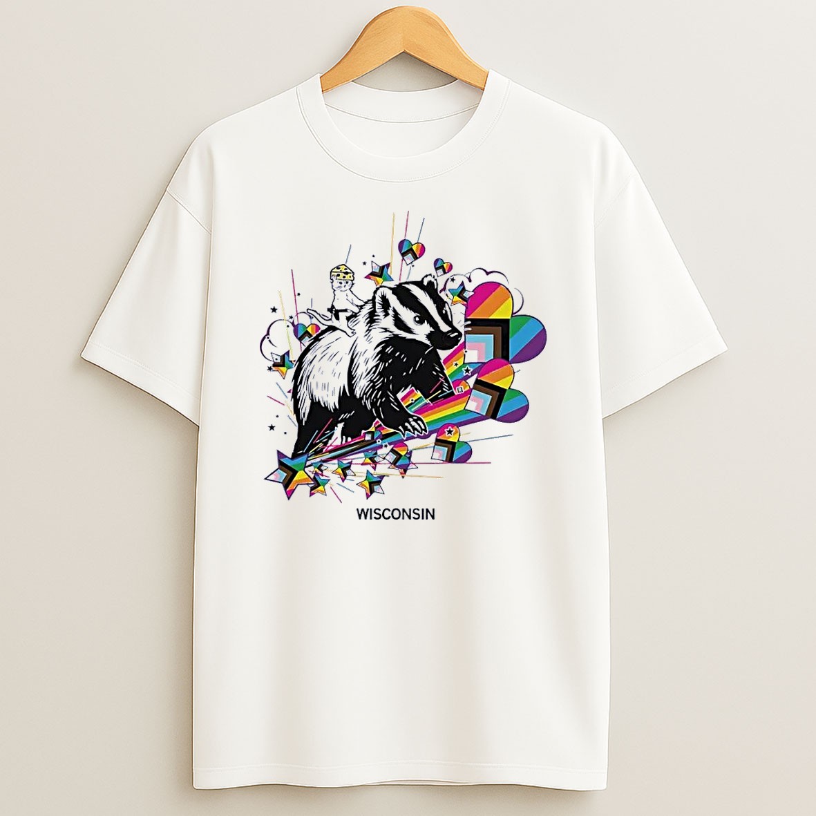 Original Wisconsin Cat Wearing A Cheese Hat Riding A Badger Pride Rainbow Stars White T Shirt