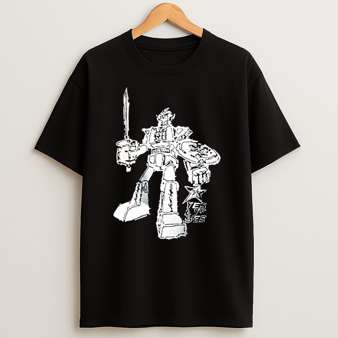 Original Yes Eye See Robot Holding Sword And Shield With Star Logo Black T Shirt