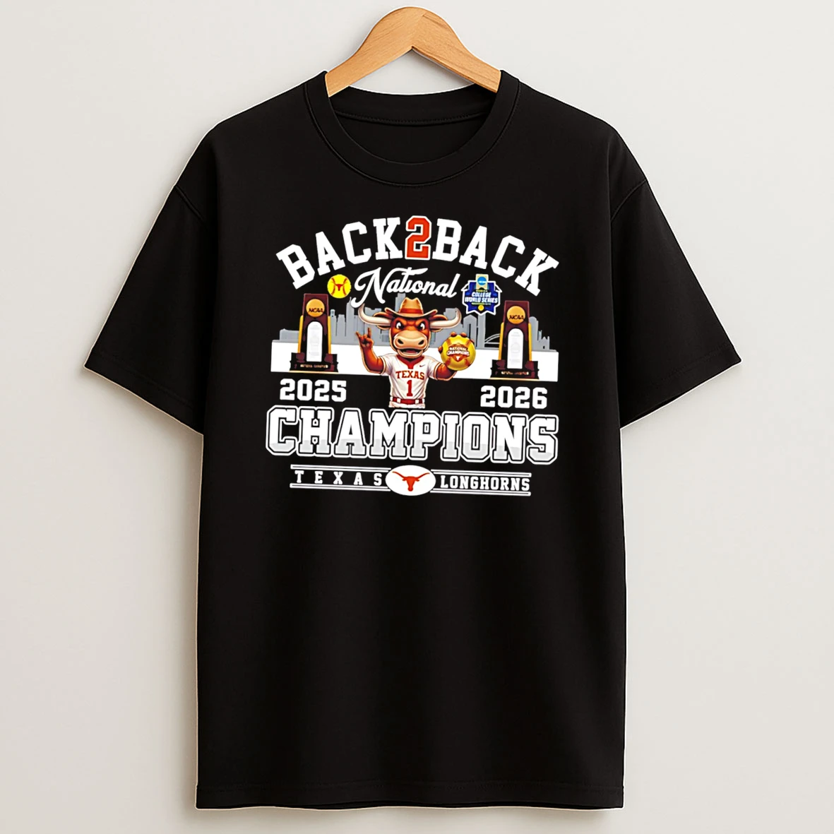 Texas Longhorns 2026 Ncaa Womens Softball College World Series National Champions Mascot Skyline Tee Tshirt Hoodie