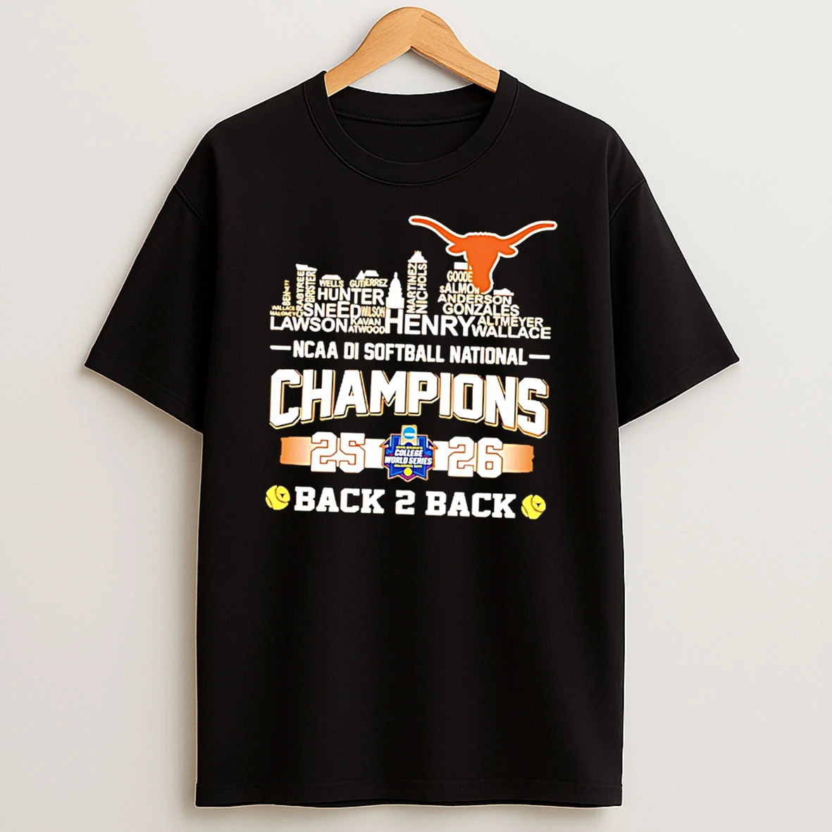Texas Longhorns 2026 Ncaa Womens Softball National Champions Back To Back Name Skyline Tee Tshirt Hoodie