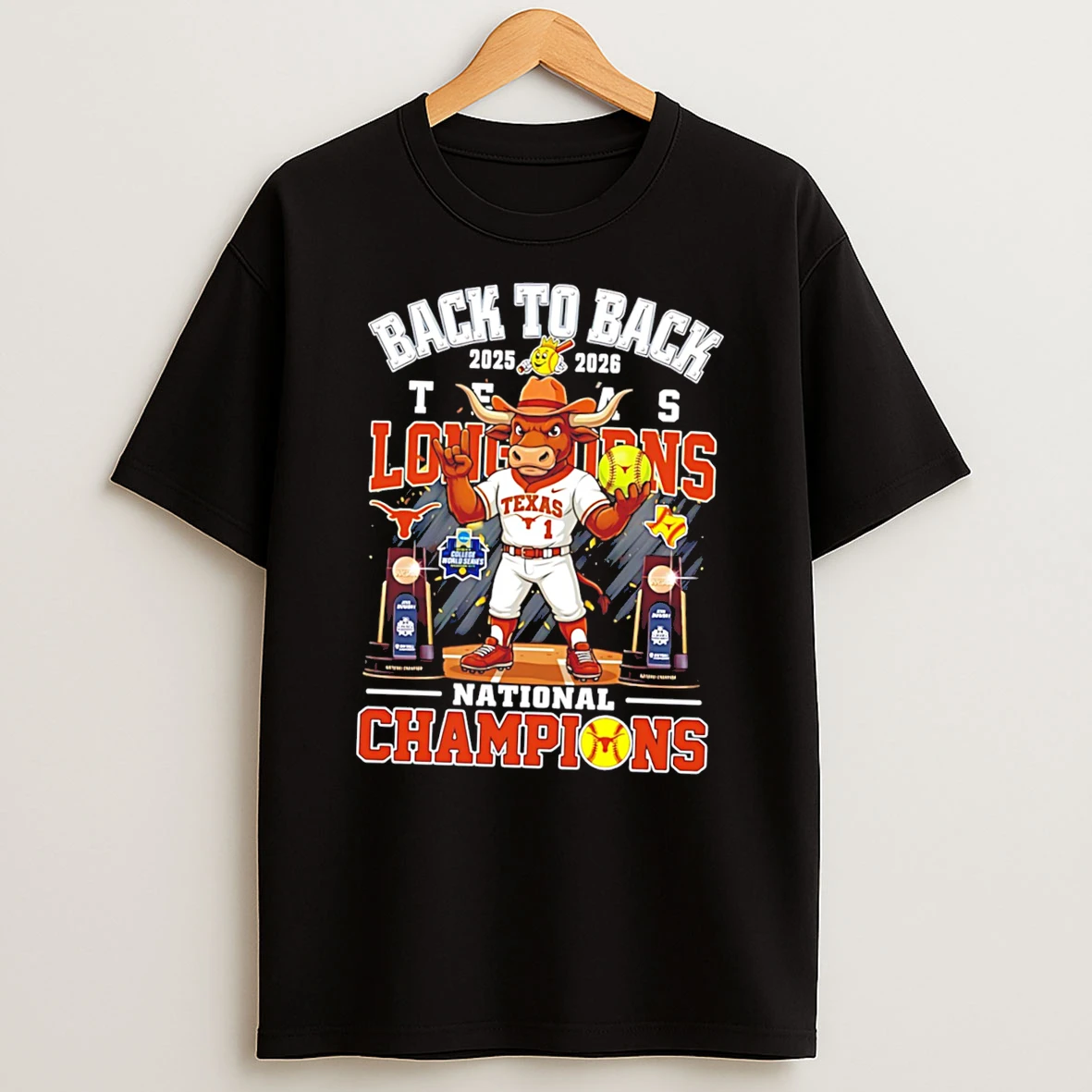 Texas Longhorns Womens Softball 2025 2026 Ncaa National Champions Back To Back Mascot Tee Tshirt Hoodie