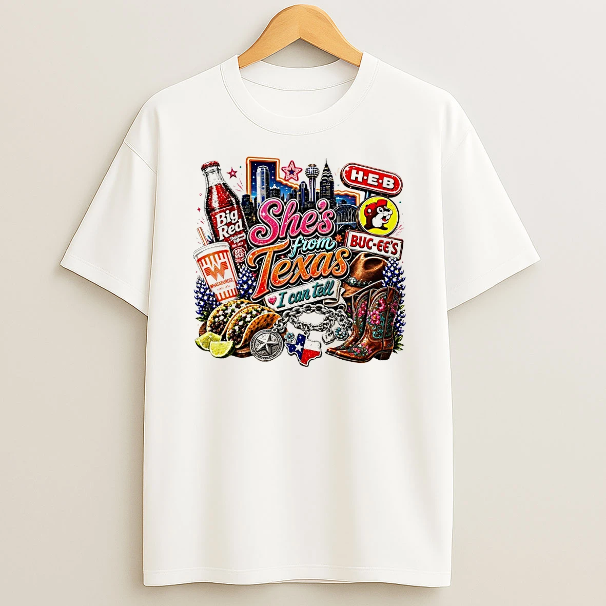 Texas Icons Whataburger Big Red Buc Ees Heb State Charm Boots Shes From Texas I Can Tell Text Tshirt Hoodie