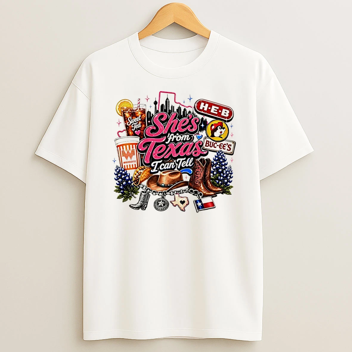 Texas State Icon H E B Buc Ees Whataburger Cowboy Boot Taco Shes From Texas I Can Tell Text Tshirt Hoodie