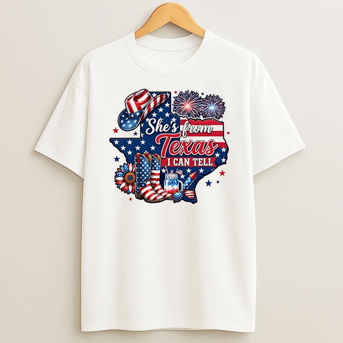 Texas State Patriotic Hat Cowboy Boots Fireworks Shes From Texas I Can Tell Text Tshirt Hoodie