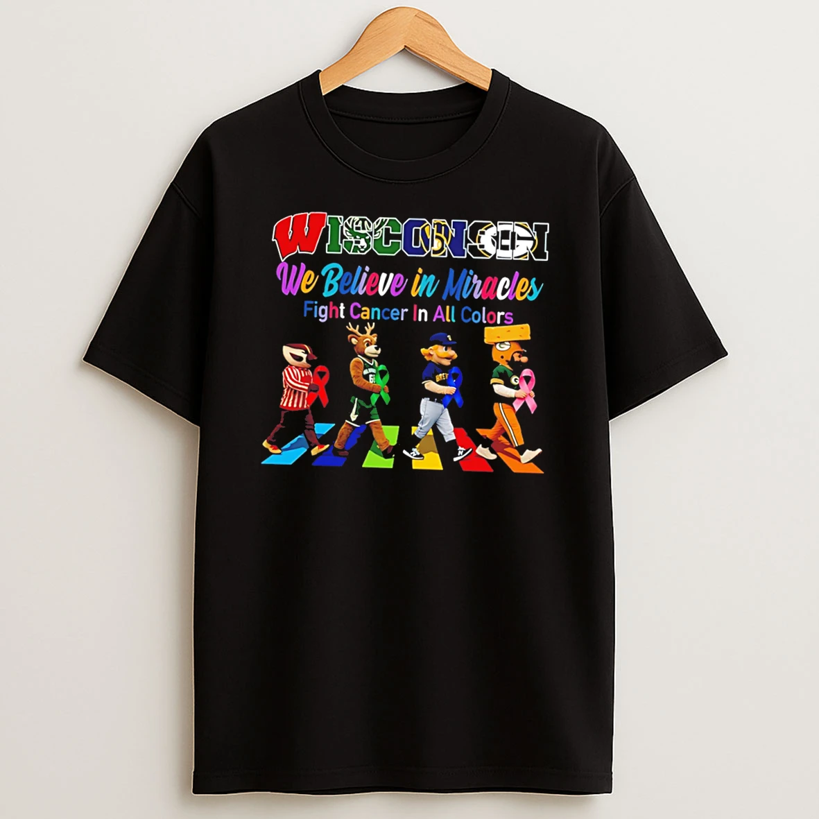 Wisconsin Sports We Believe In Miracles Fight Cancer On All Colors Abbey Road Tee Tshirt Hoodie