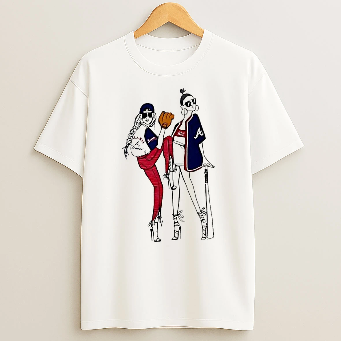 Atlanta Braves Illustration Two Women With Baseball Gear And Bat T Shirt