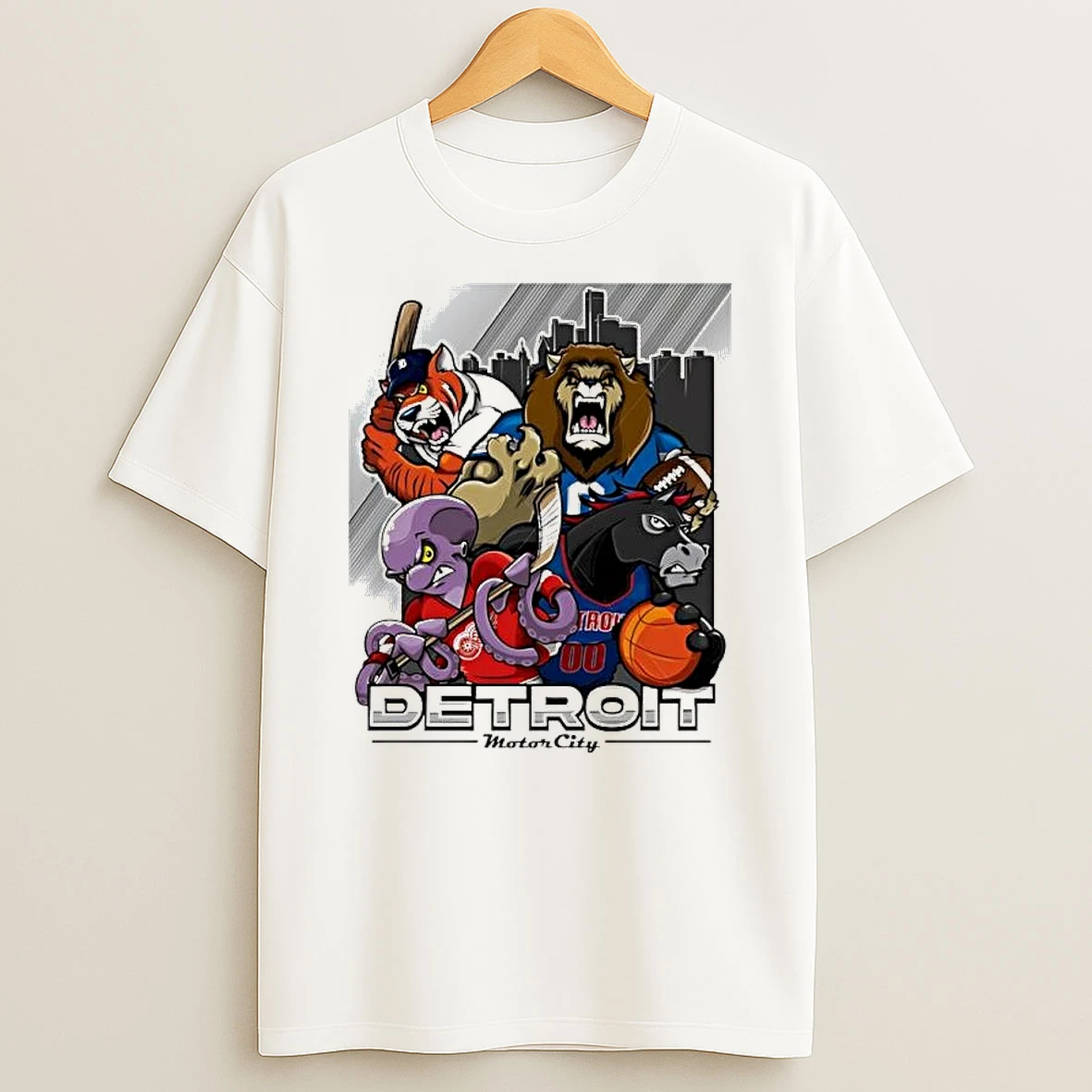 Motor City Detroit Tigers Lions Red Wings Pistons Mascot Sport Athletic T Shirt