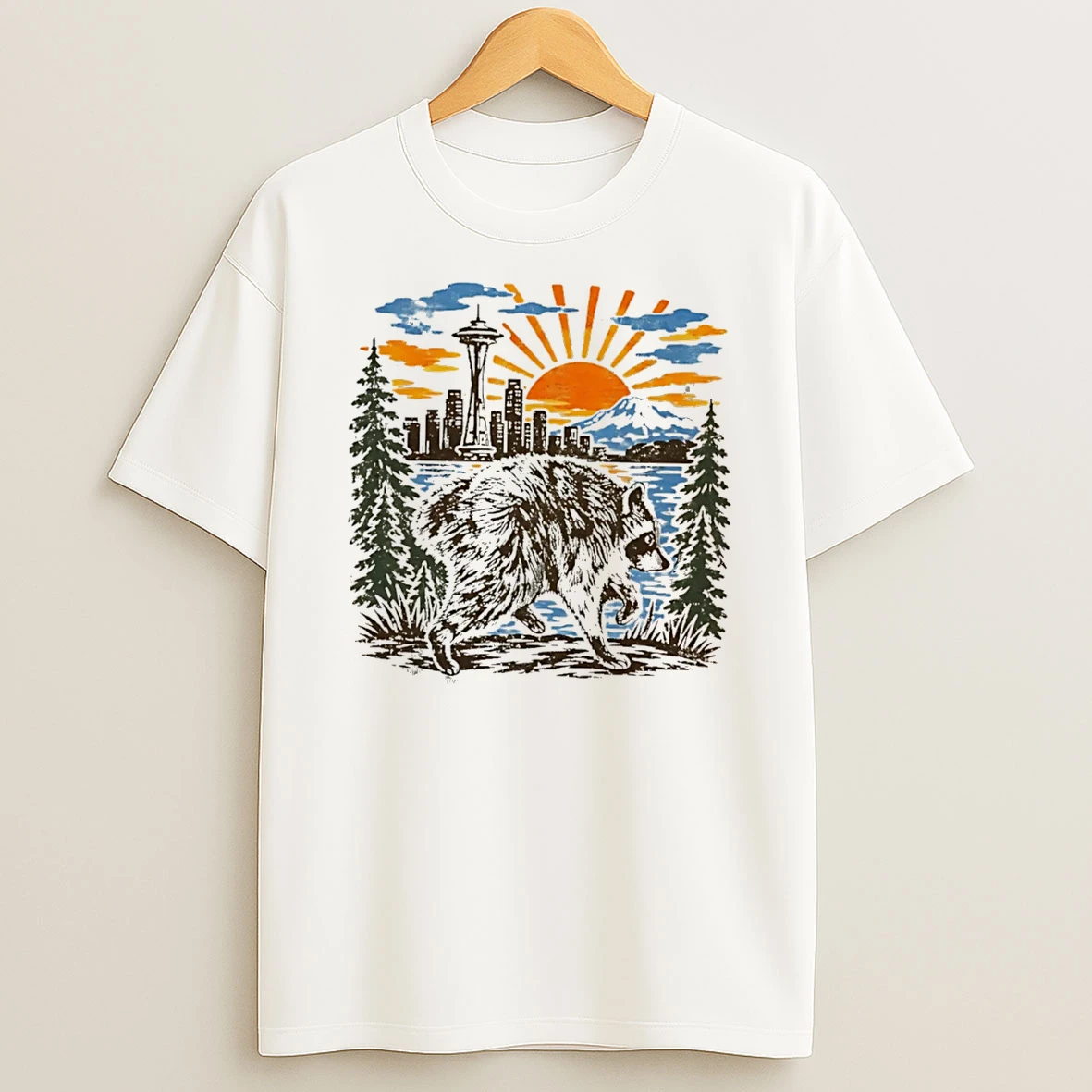 Officials Jimothy Raccoon Seattle Skyline Sunset Space Needle Tee Premium T Shirt Sweatshirt Hoodie