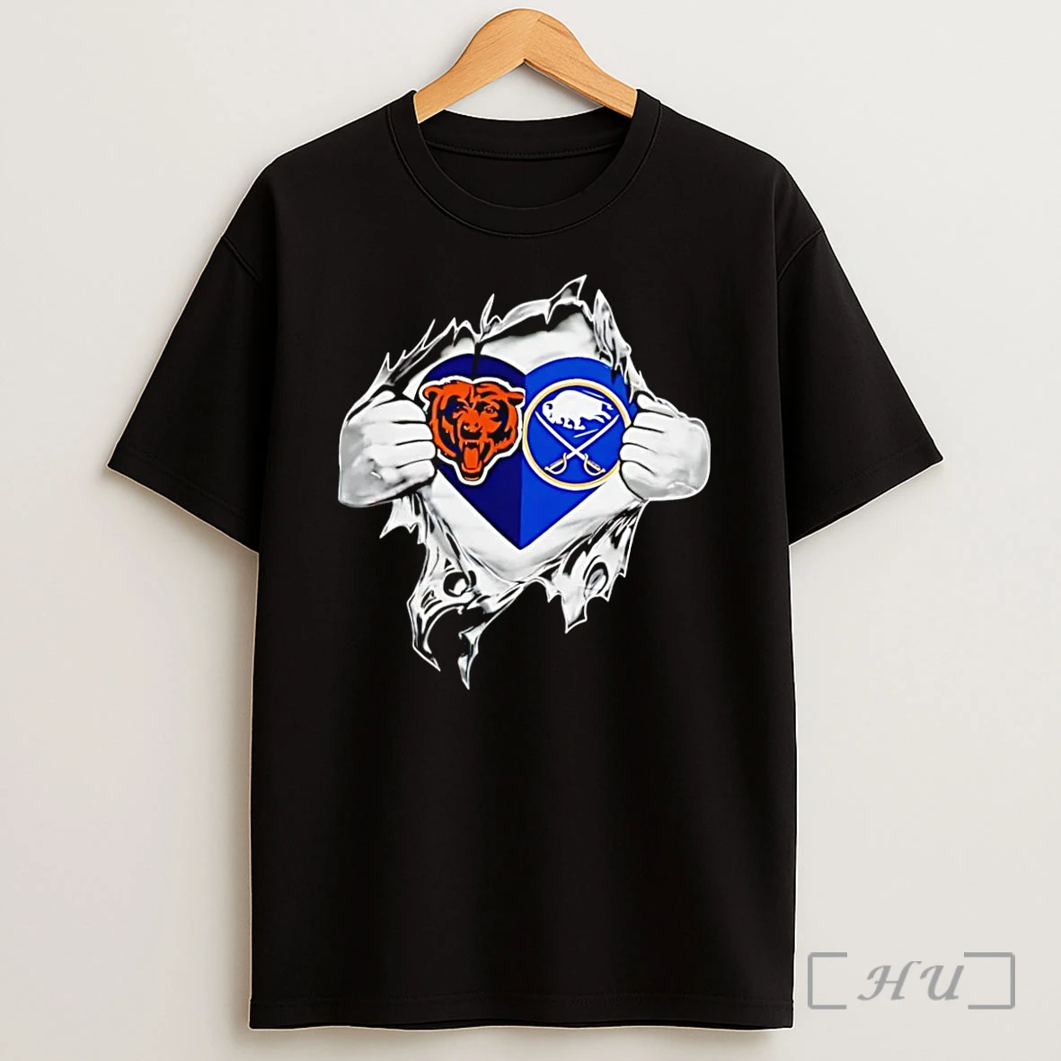 Officials Lovers Chicago Bears And Buffalo Sabres Heart Rip Black Shirt