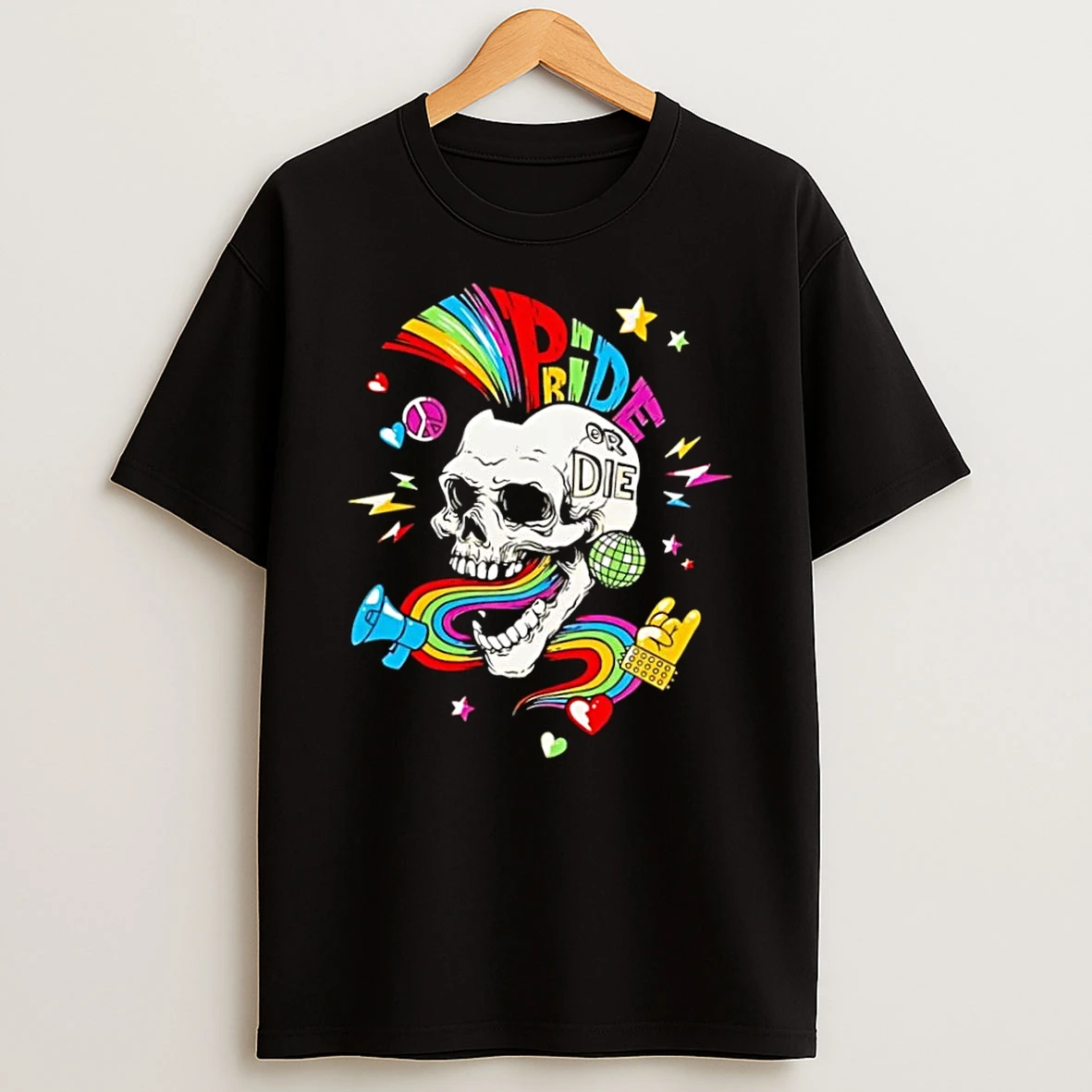 Officials Pride Or Die Skull Rainbow Punk Disco Megaphone Rock Hand Pride Or Die Black Premium T Shirt Sweatshirt Hoodie