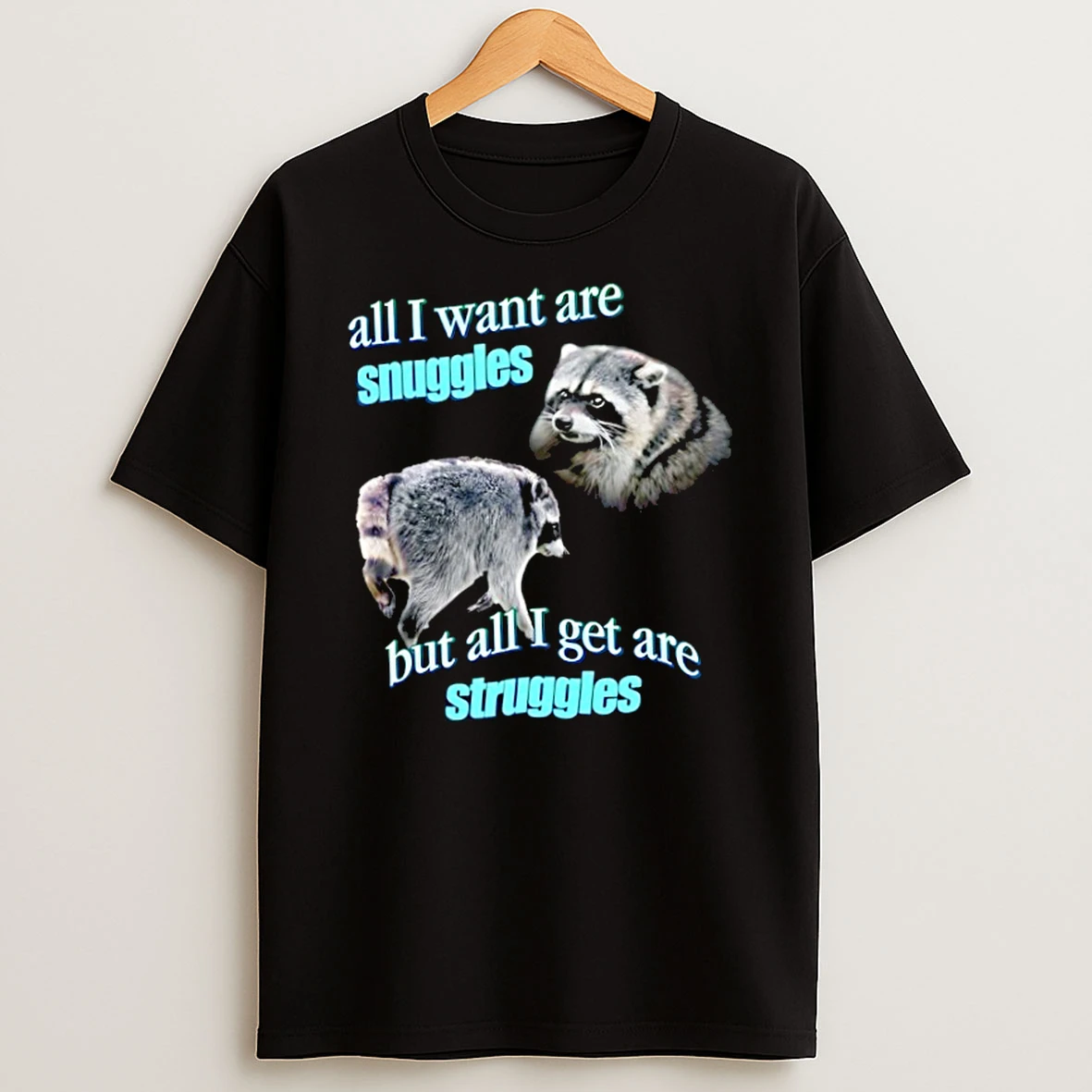 Officials Raccoon All I Want Are Snuggles But All I Get Are Struggles Premium T Shirt Sweatshirt Hoodie