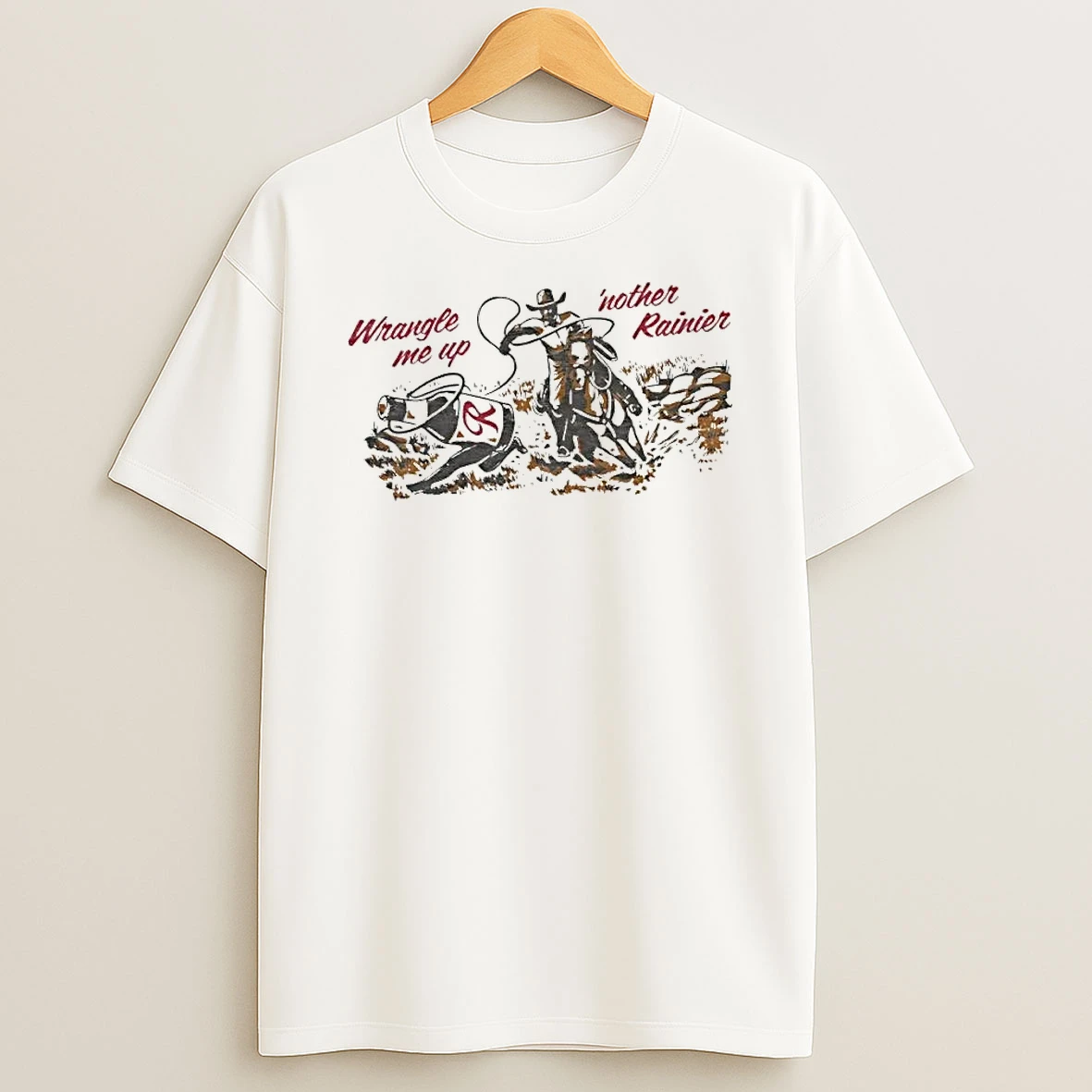 Officials Rainier Beer Vintage Cowboy Wrangle Me Up Nother Rainier Premium T Shirt Sweatshirt Hoodie