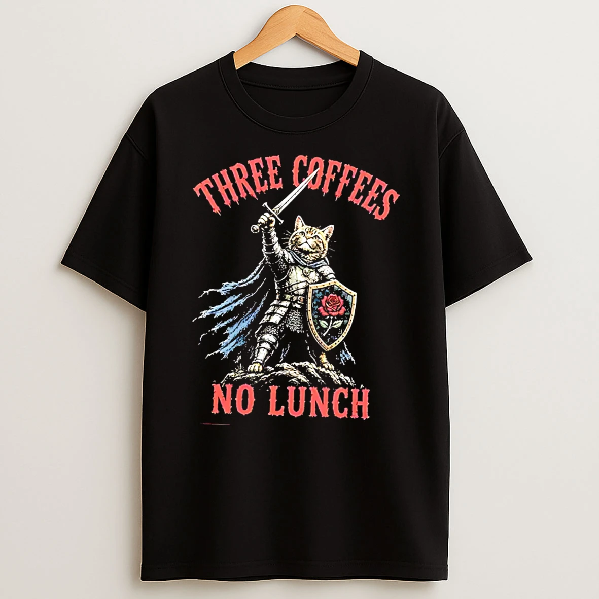 Officials Three Coffees No Lunch Knight Cat Caffeine Tee Premium T Shirt Sweatshirt Hoodie