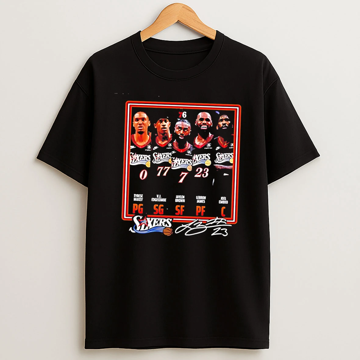 Officials Tyrese Maxey Vj Edgecombe Jaylen Brown Lebron James And Joel Embiid Philadelphia Sixers Signature Tee Premium T Shirt Sweatshirt Hoodie