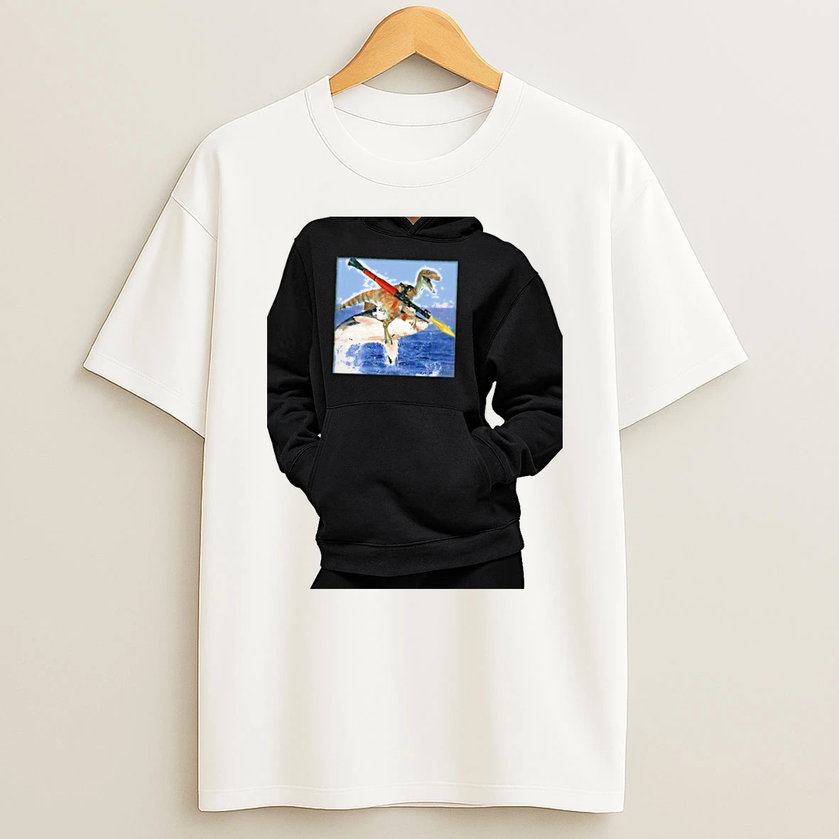 Officials Velociraptor Riding A Great White Shark With Rpg Rocket Launcher Premium T Shirt Sweatshirt Hoodie