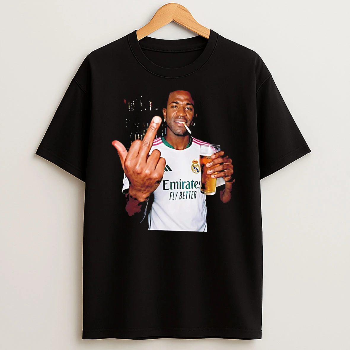 Officials Vinicius Junior 2026 2027 Real Madrid Emirates Fly Better Middle Finger And Beer Tee Premium T Shirt Sweatshirt Hoodie