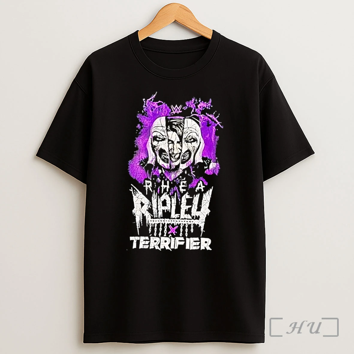 Officials Wwe Rhea Ripley Terrifier Split Mask Purple Logo Black Shirt