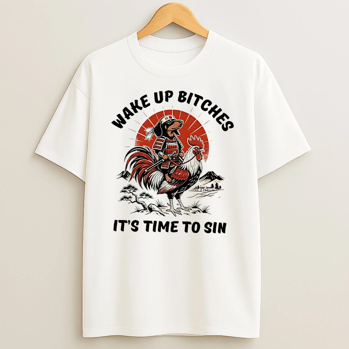 Officials Wake Up Bitches Its Time To Sin Samurai Riding Rooster Humorous Japanese Tee Premium T Shirt Sweatshirt Hoodie
